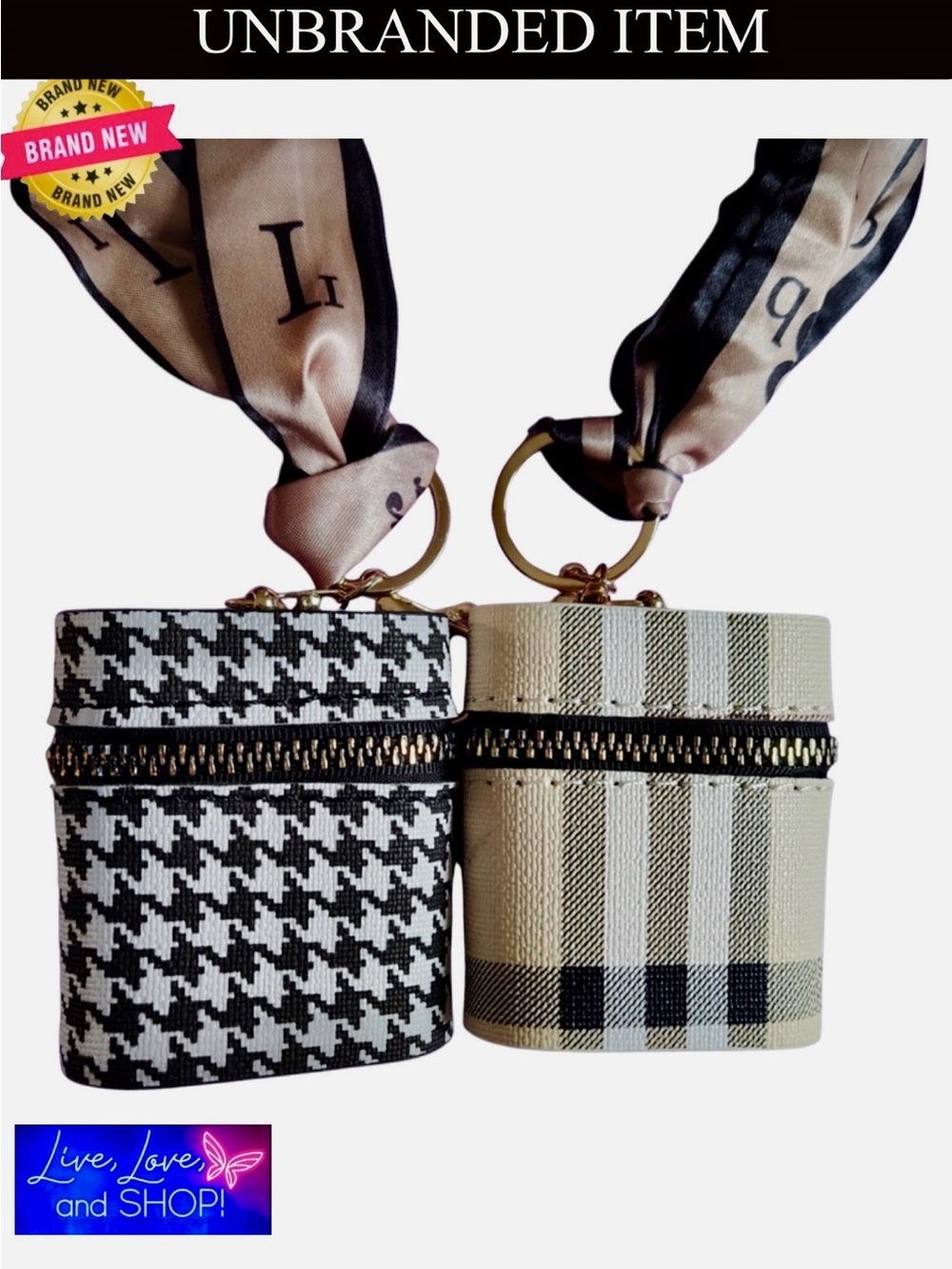 KEY & CARD HOLDER SET: Plaid and Houndstooth w/Elegant Scarfs, NWOT